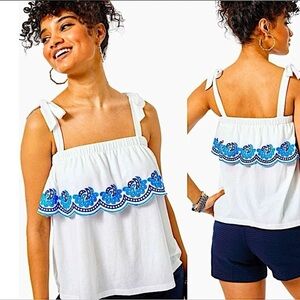 NEW Lilly Pulitzer Benita Scalloped Blouse Tank Top Floral Embroidered XL FLAW